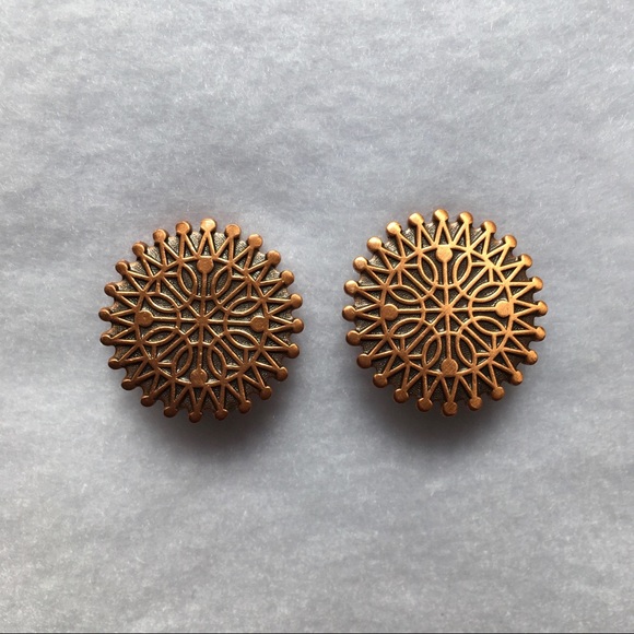 Vintage Solid Copper Earrings Clip On Round Sun - Picture 5 of 9